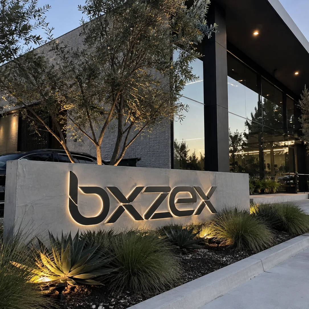 The bxzex sign outside the studio building at dusk