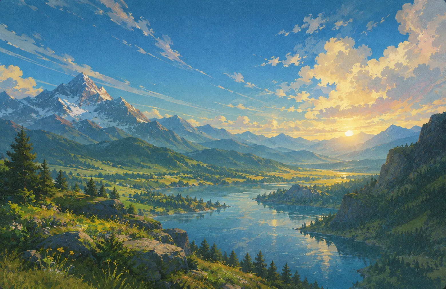 A valley at sunset under a wide sky